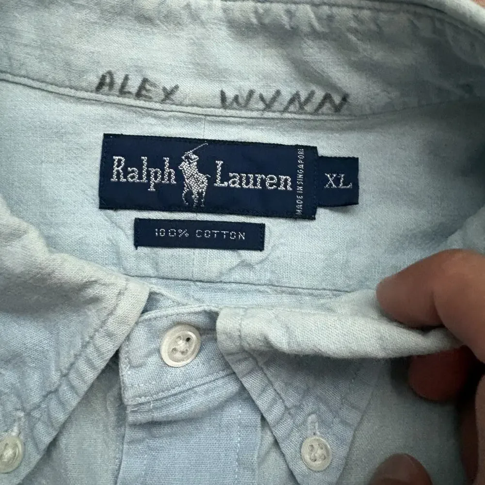 Vintage Polo Ralph Lauren Chambray Shirt Men's Size XL Blue Flesh Pony WORN 90s